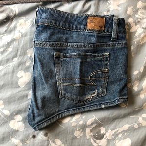 Blue distressed denim jean shorts